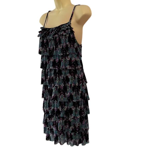 Express Paisley Print Knit Tiered Dress Woman Size Medium Flapper Ruffle Retro - Picture 3 of 10